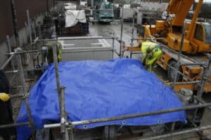 Blue PVC Insulated Concrete Curing Blanket on Hollow Core Blocks